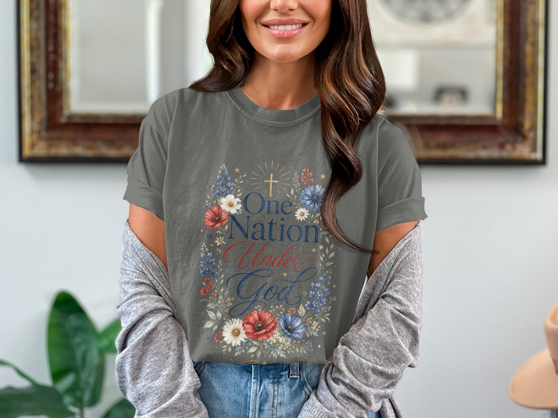 Gray t-shirt with floral wreath and "One Nation Under God" text.