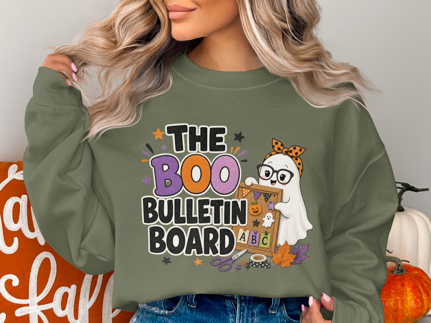 Green sweatshirt with "The Boo Bulletin Board" text and a ghost holding a bulletin board.