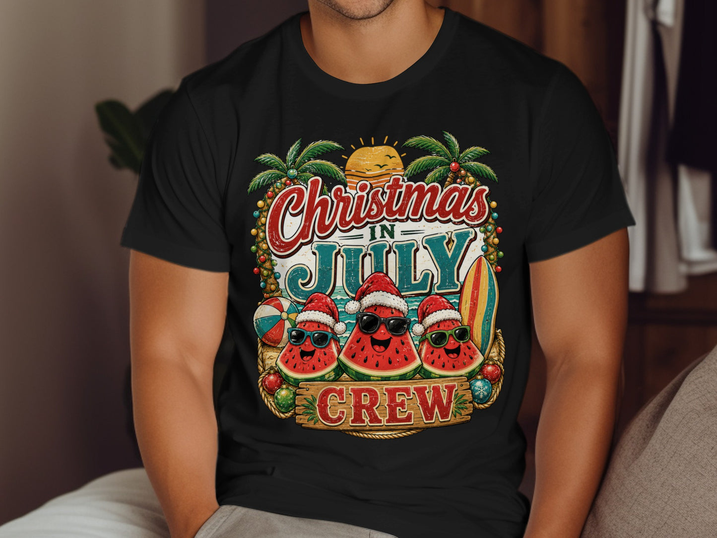 Christmas in July crew t-shirt with smiling watermelon characters wearing Santa hats.