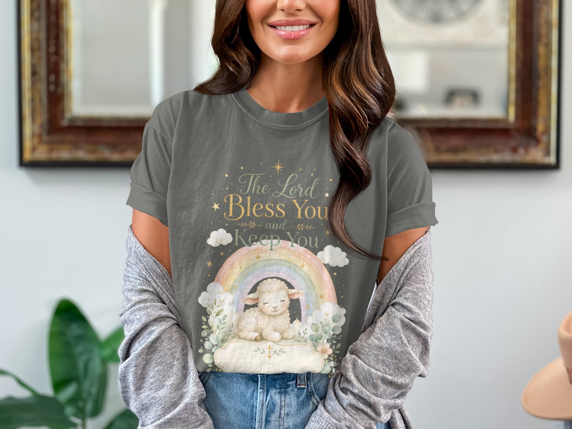 Dark grey t-shirt with "The Lord Bless You and Keep You" and a lamb on a rainbow.