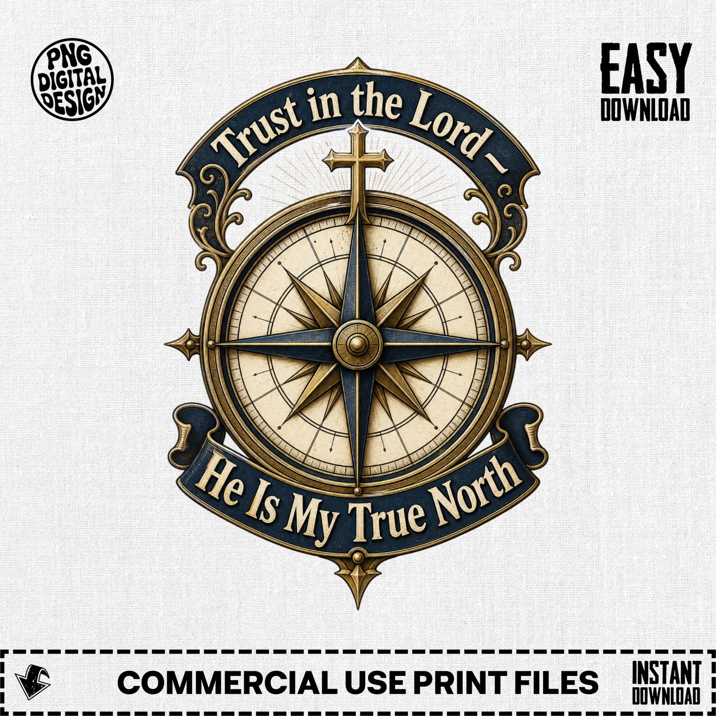 Compass emblem with text "Trust in the Lord" and "He Is My True North".