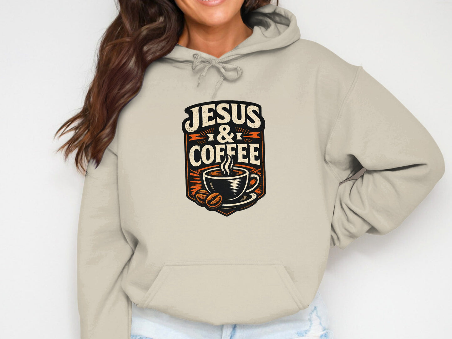 Hoodie with "Jesus & Coffee" text and coffee bean graphic.