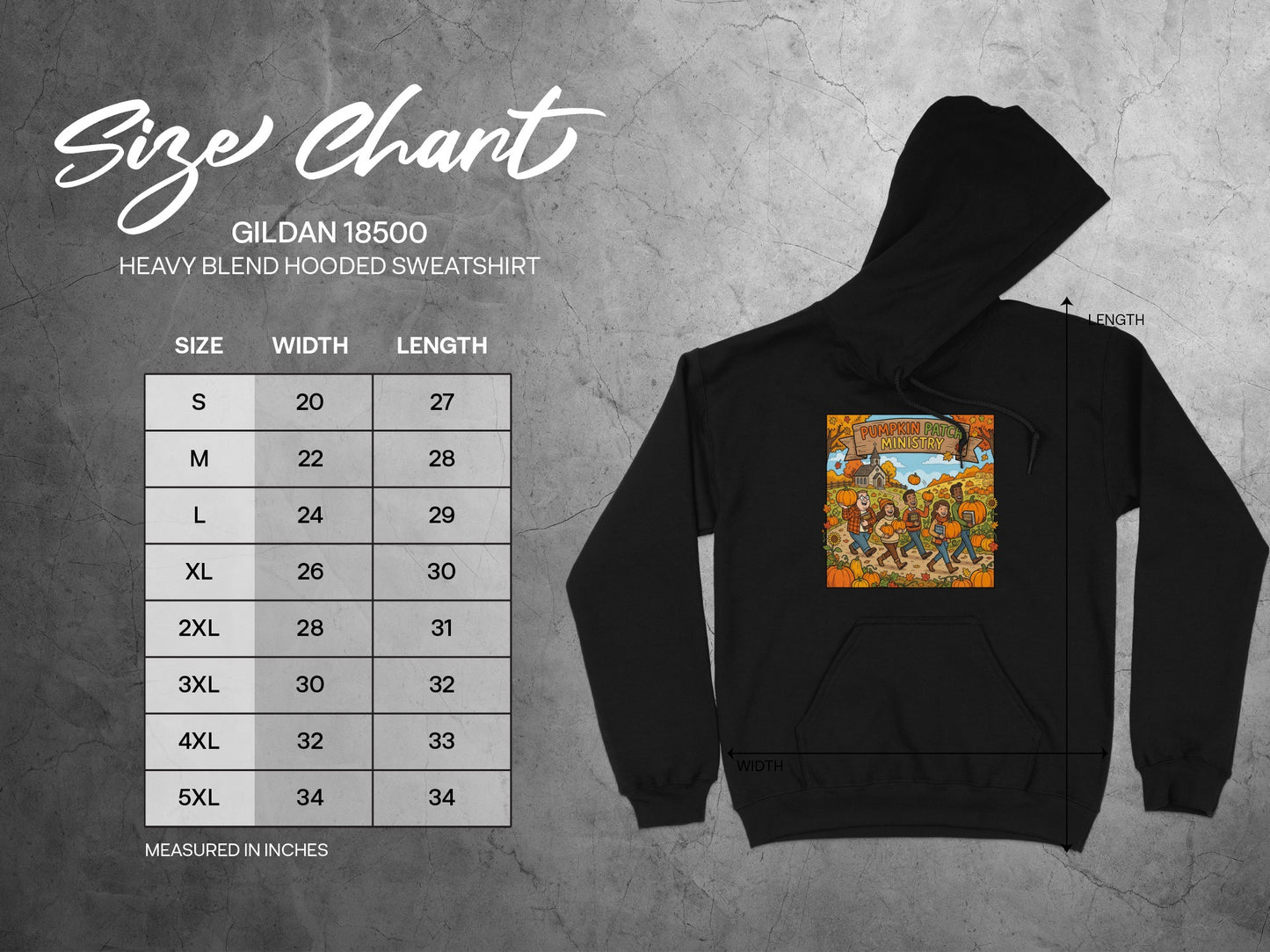 Gildan 18500 hooded sweatshirt size chart with measurements.