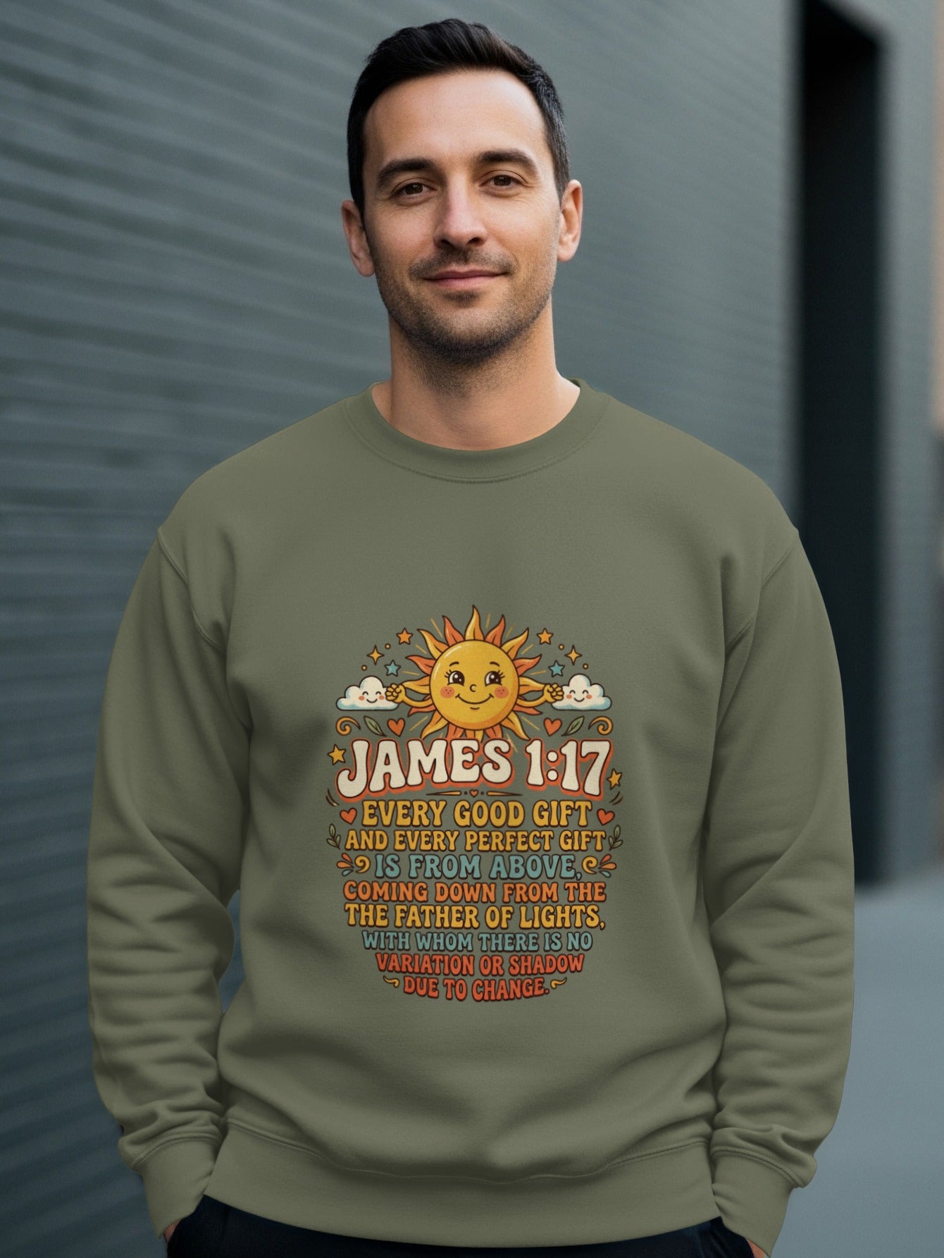 Olive sweatshirt with James 1:17 Bible verse and sun graphic.
