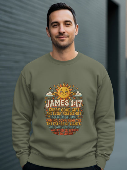 Olive sweatshirt with James 1:17 Bible verse and sun graphic.