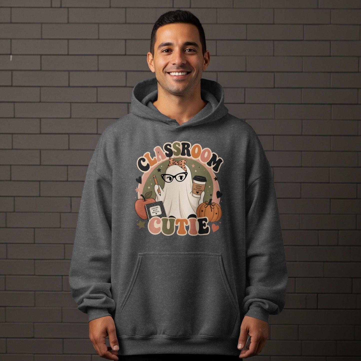 Classroom Cutie graphic featuring a ghost with glasses holding coffee.