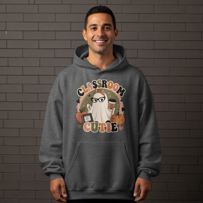 Classroom Cutie graphic featuring a ghost with glasses holding coffee.