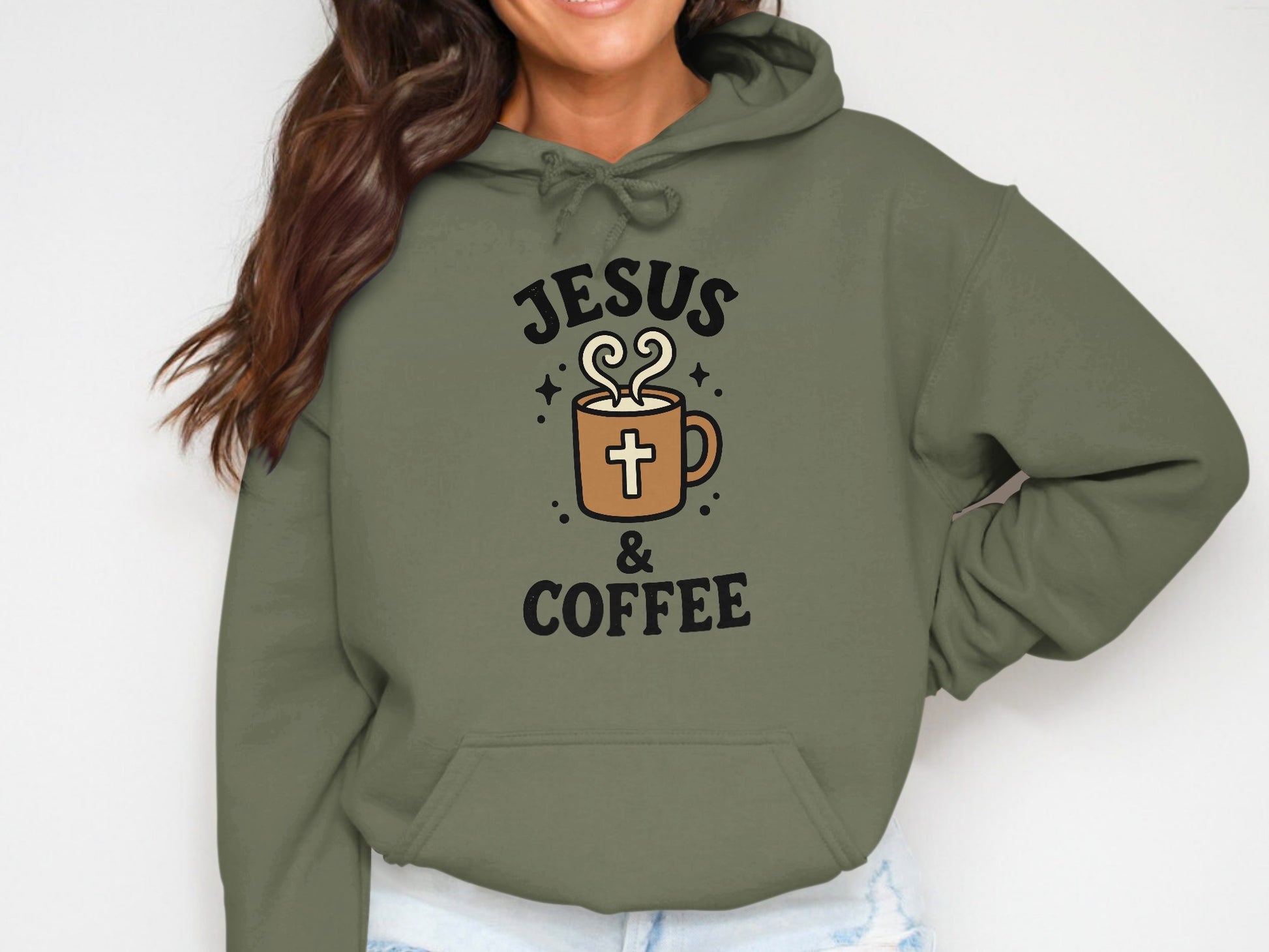 Olive green hoodie with "Jesus & Coffee" text and a coffee cup graphic.