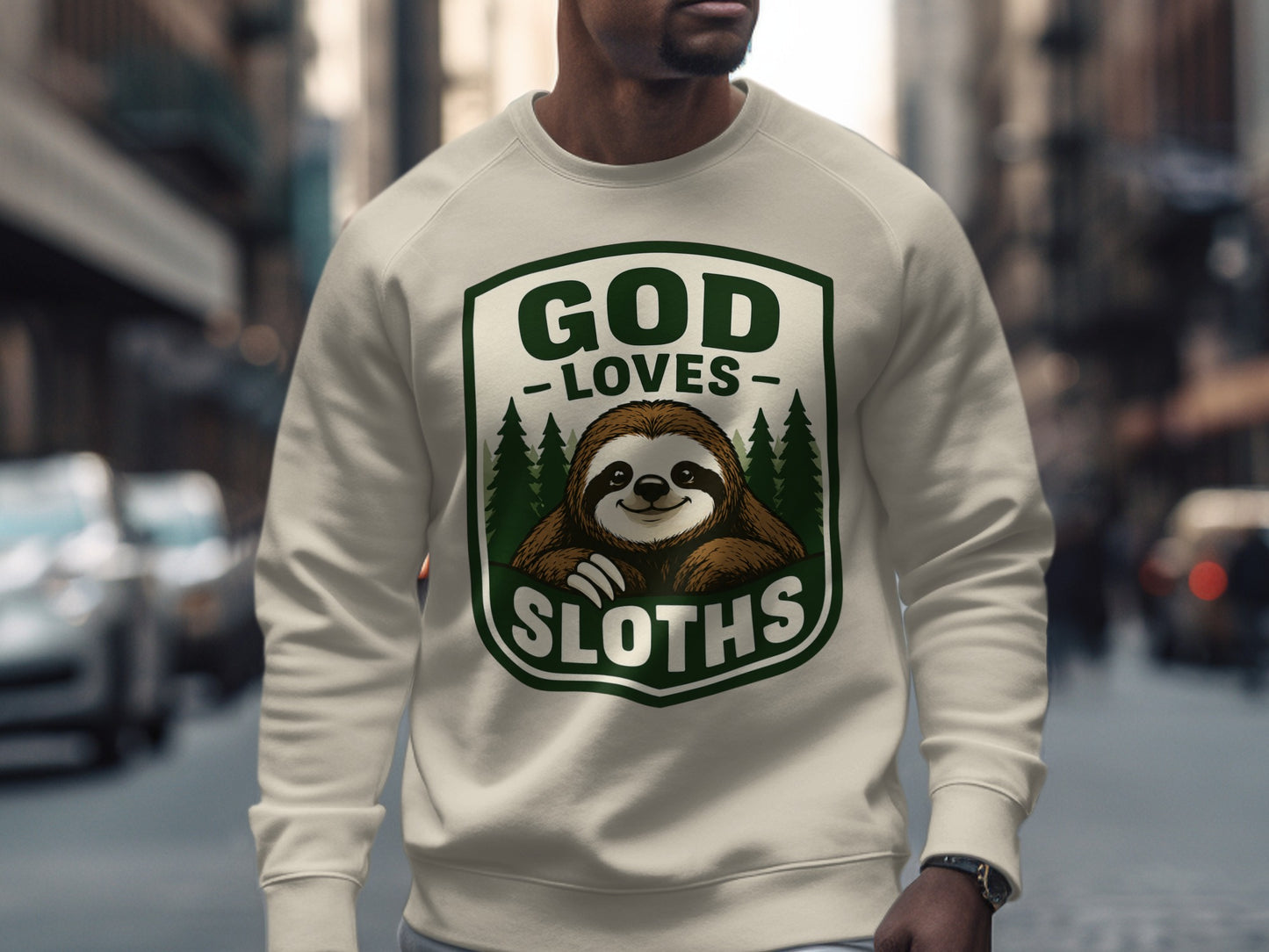 Green and white graphic sweatshirt with sloth and trees, "GOD SLOTHS" text.