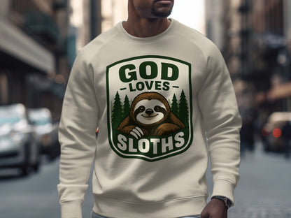 Green and white graphic sweatshirt with sloth and trees, "GOD SLOTHS" text.