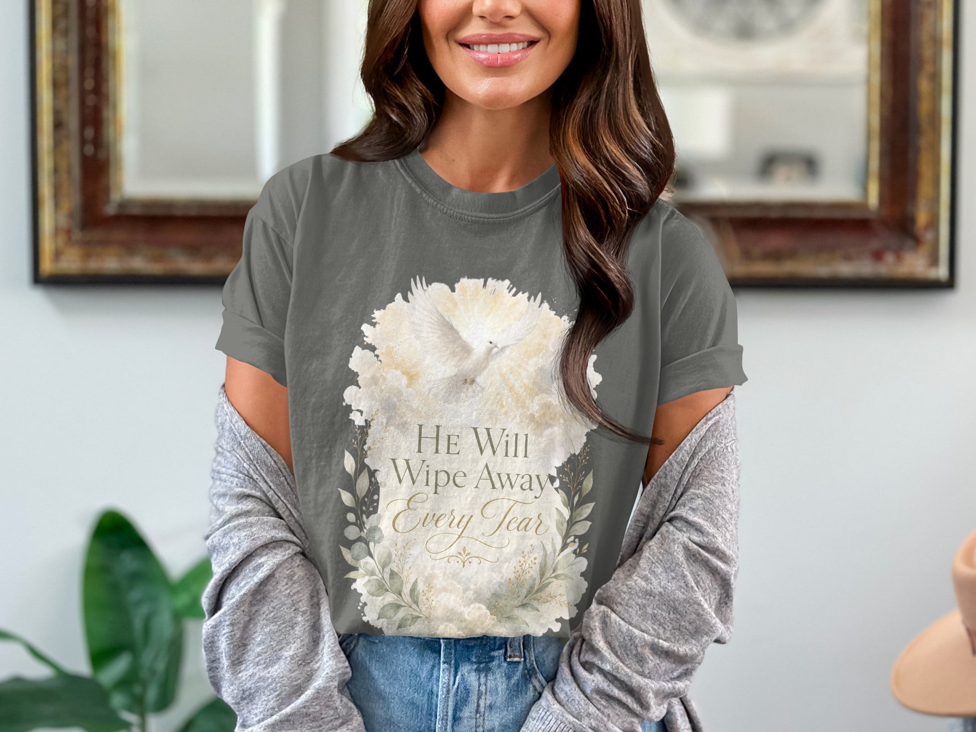 Dark grey t-shirt with white dove and text "He Will Wipe Away Every Tear."
