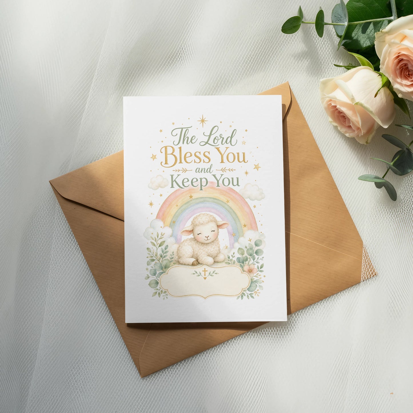"The Lord Bless You and Keep You" card with lamb, rainbow, and floral illustrations.