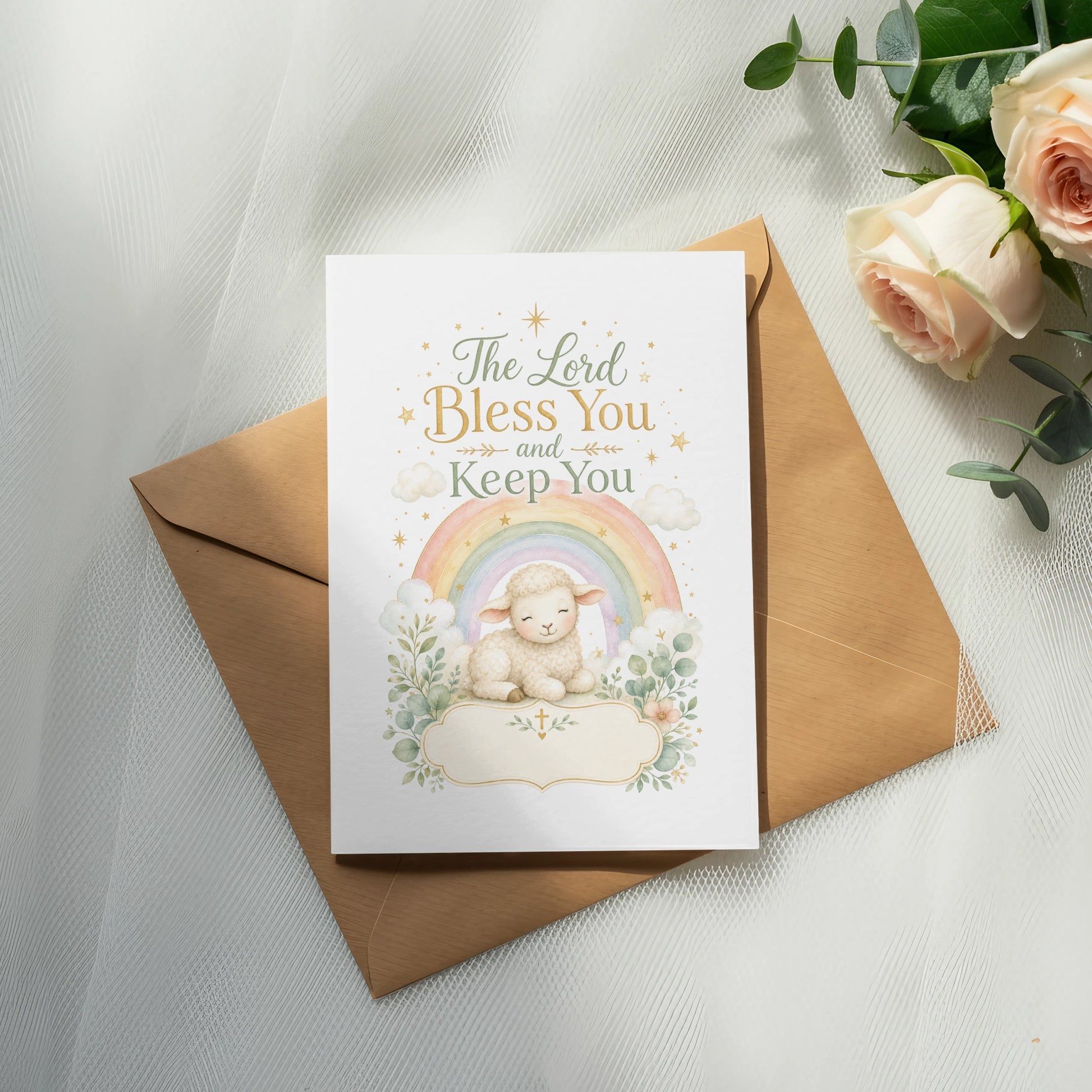 "The Lord Bless You and Keep You" card with lamb, rainbow, and floral illustrations.