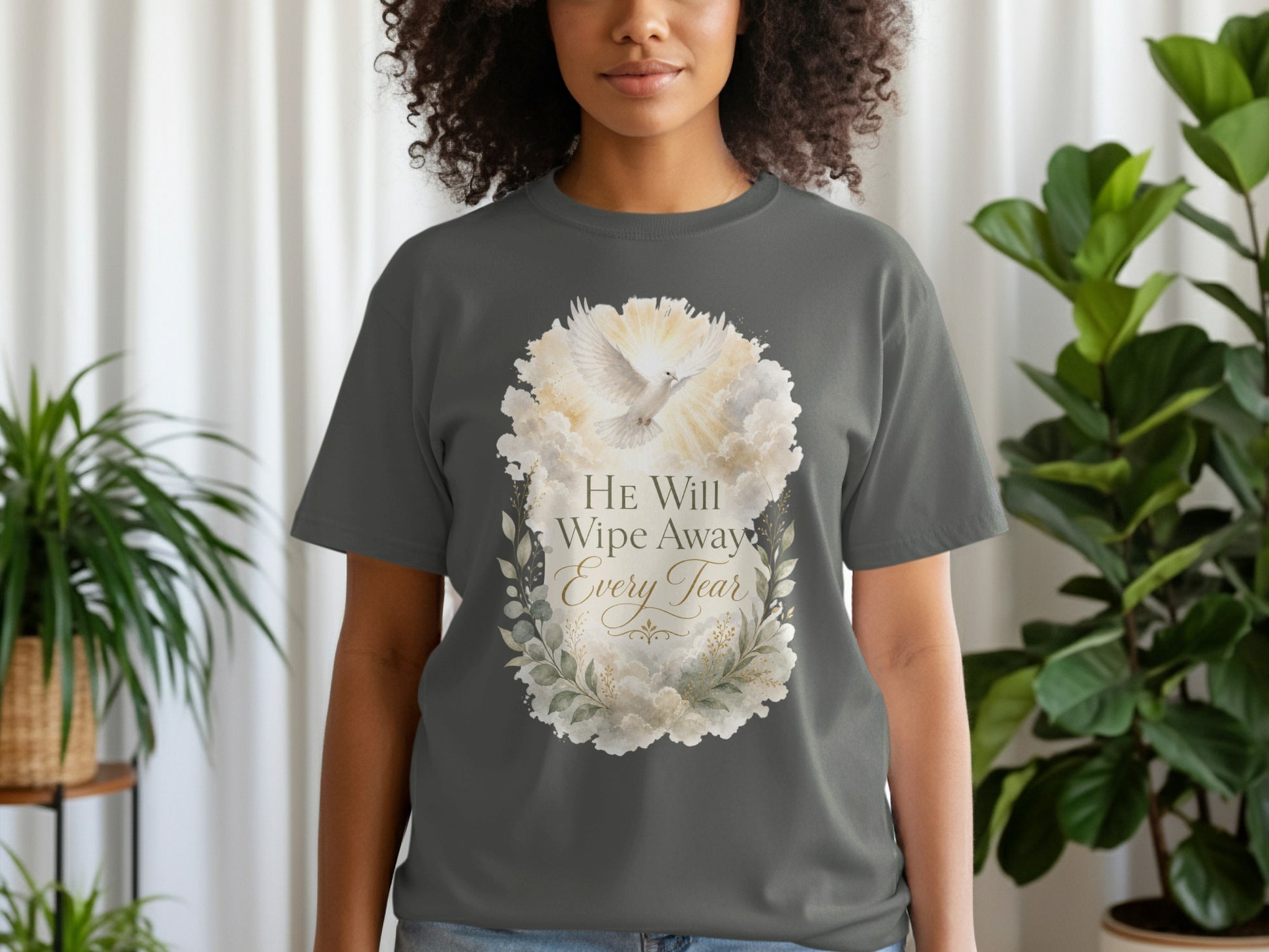 Dark grey t-shirt with dove design and text "He Will Wipe Away Every Tear".