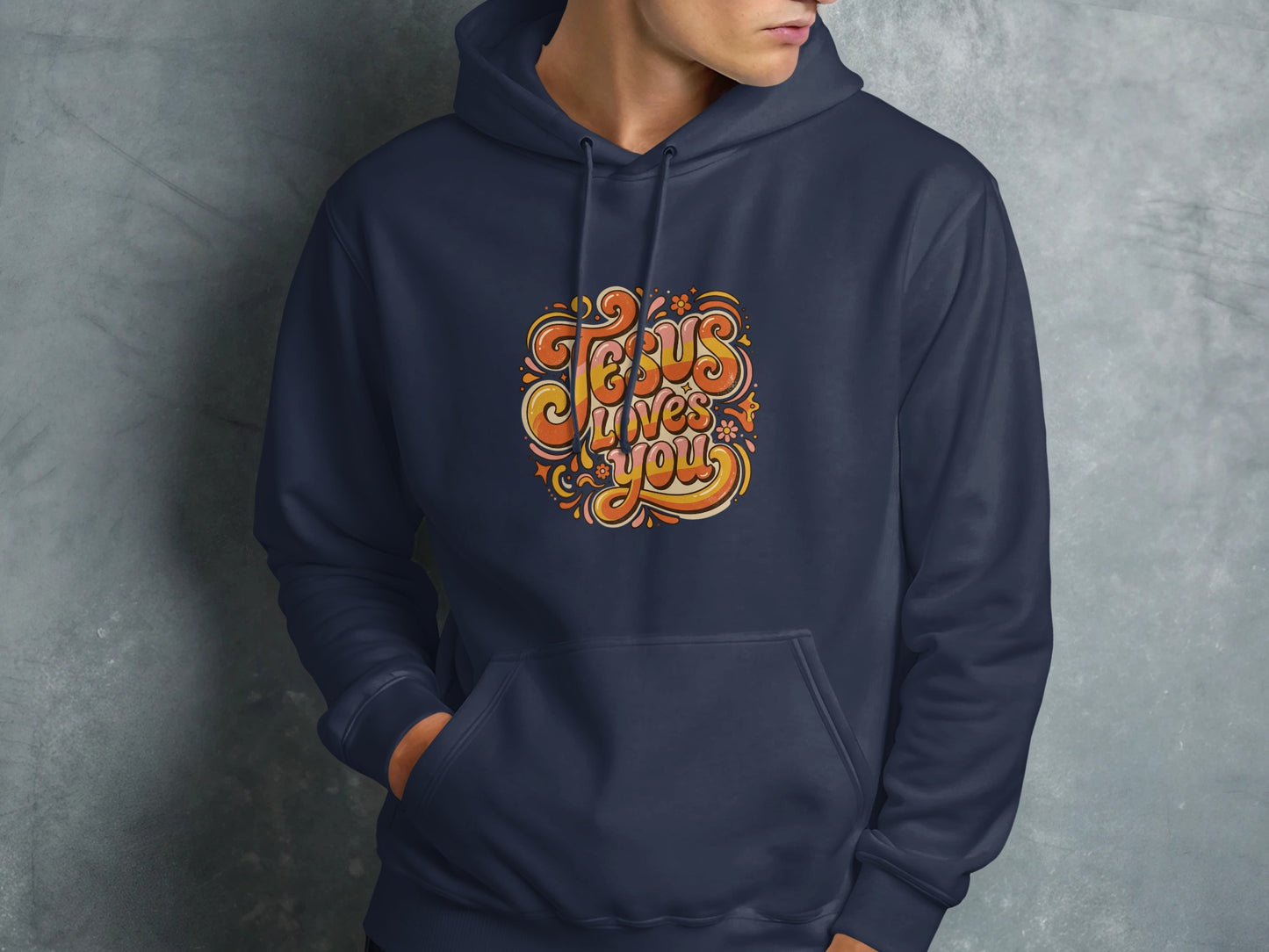 Navy blue hoodie with colorful "Jesus Loves You" graphic design.