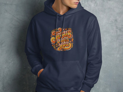 Navy blue hoodie with colorful "Jesus Loves You" graphic design.