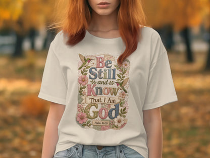 White t-shirt with floral lettering that reads "Be Still and Know That I Am God" Psalm 46:10.