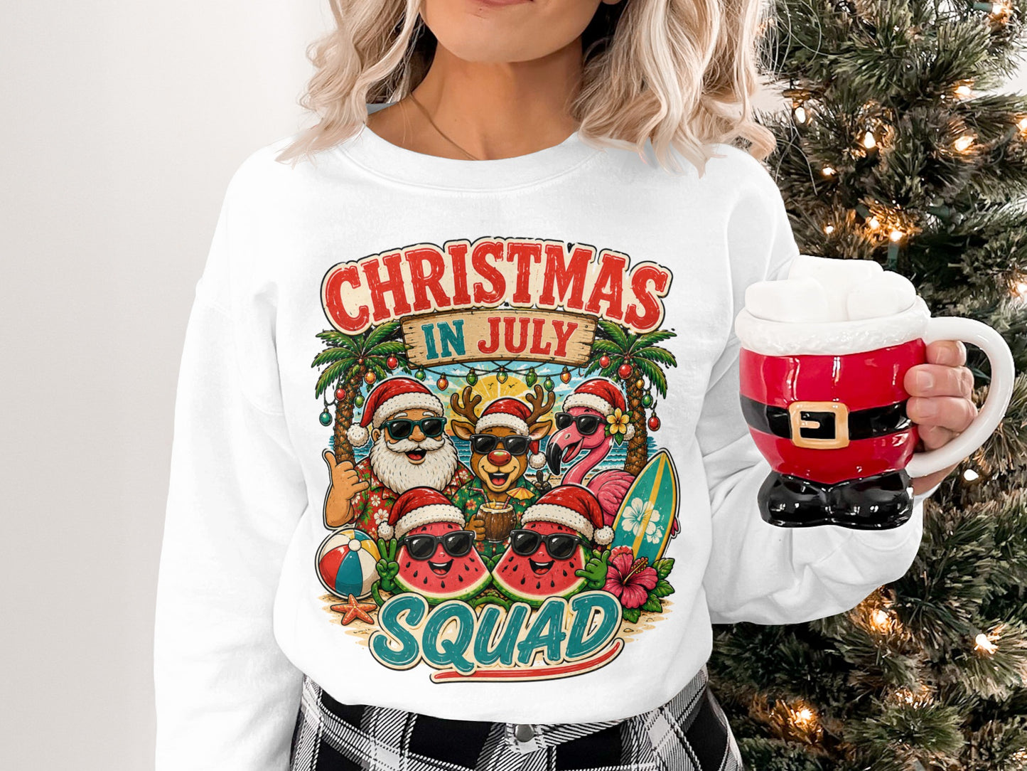 Christmas in July Squad graphic with Santa, reindeer, flamingo, and beach elements.
