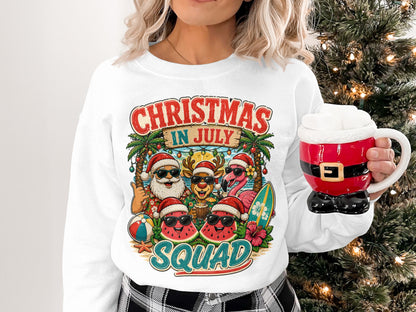 Christmas in July Squad graphic with Santa, reindeer, flamingo, and beach elements.
