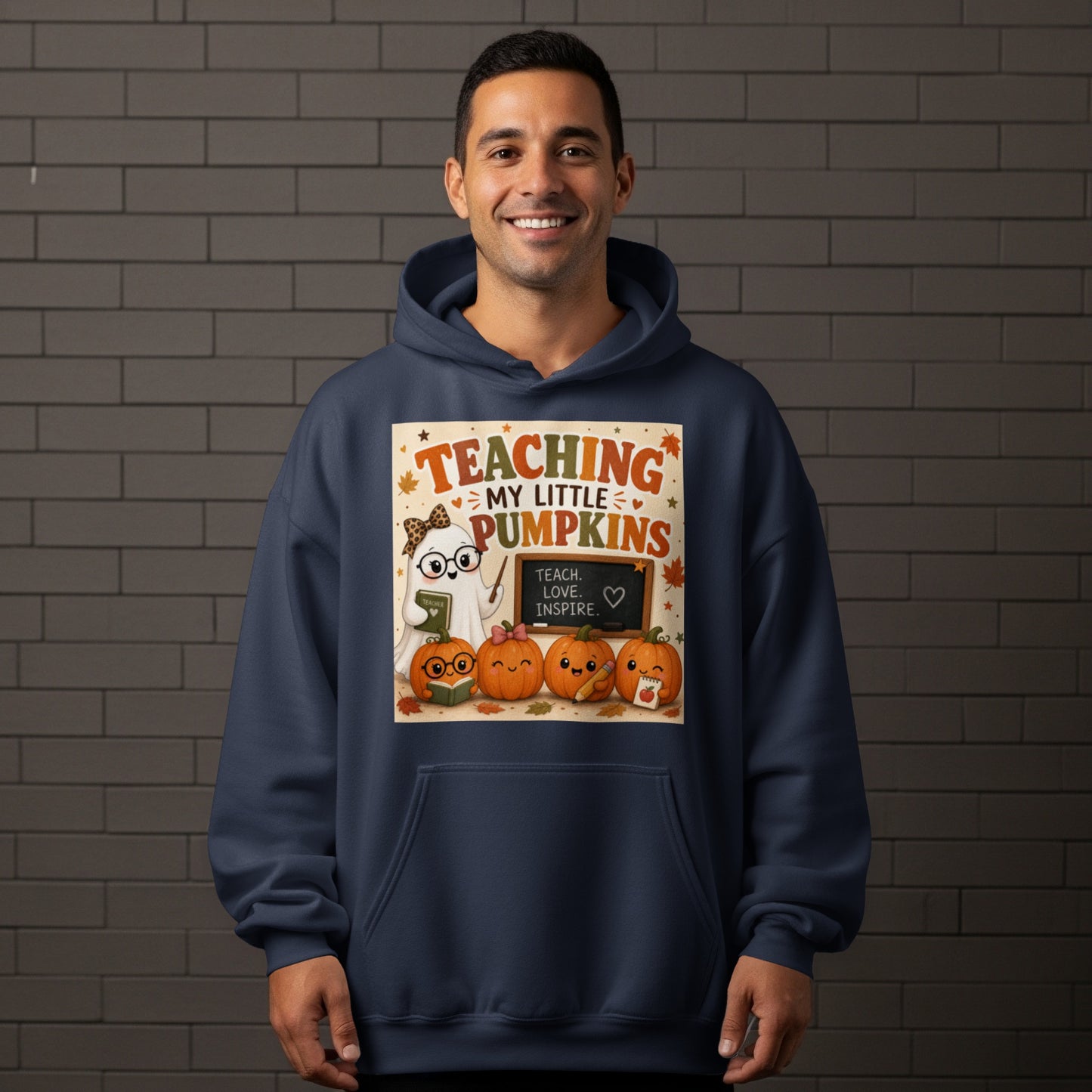 "Teaching My Little Pumpkins" graphic with a ghost teacher, pumpkins, and inspirational text.