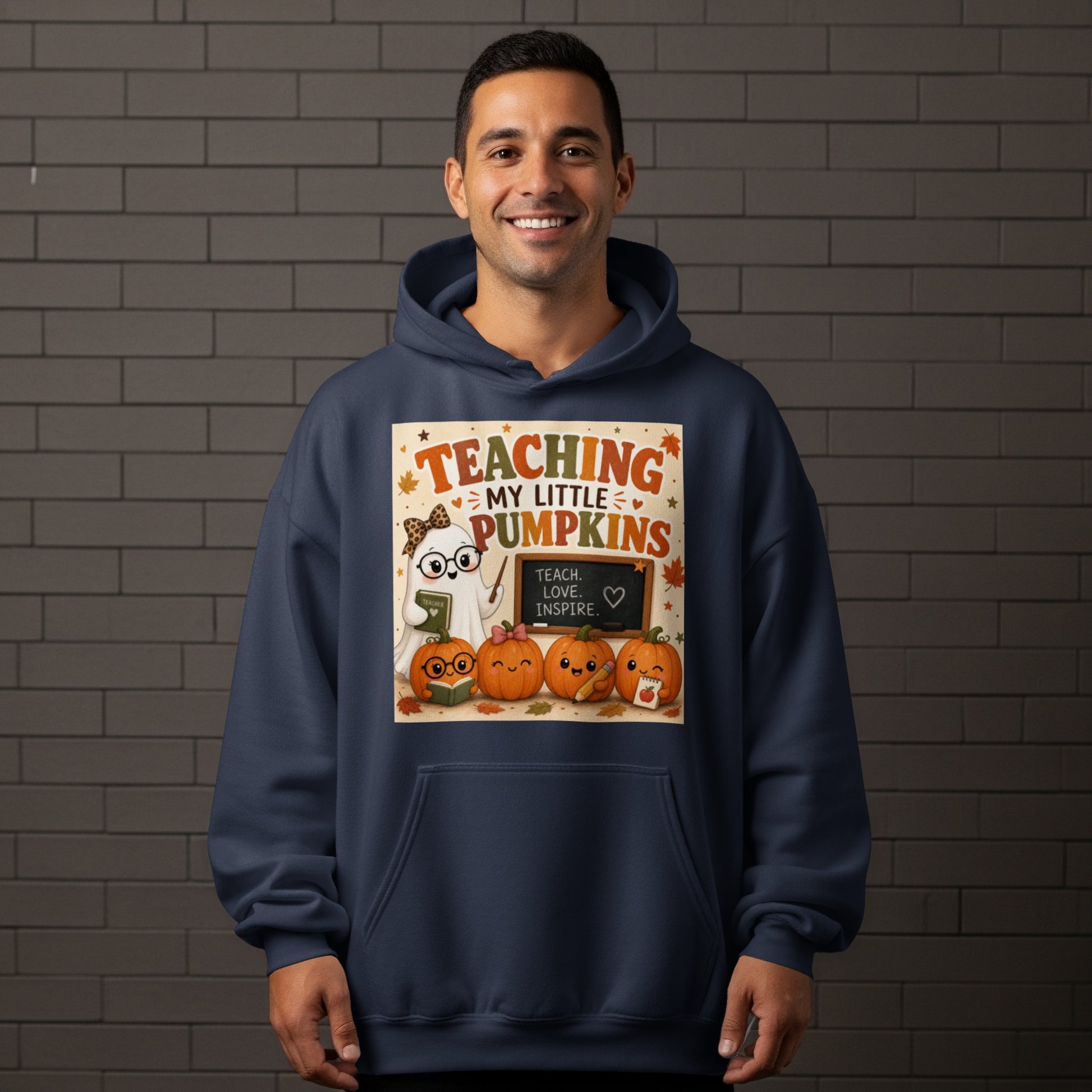 "Teaching My Little Pumpkins" graphic with a ghost teacher, pumpkins, and inspirational text.