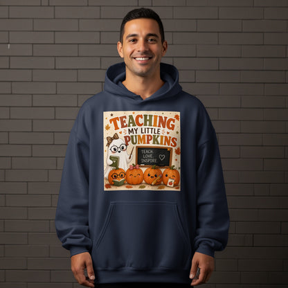"Teaching My Little Pumpkins" graphic with a ghost teacher, pumpkins, and inspirational text.