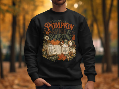 Black sweatshirt with "Pumpkin Spice & Scripture" text and Bible verse.