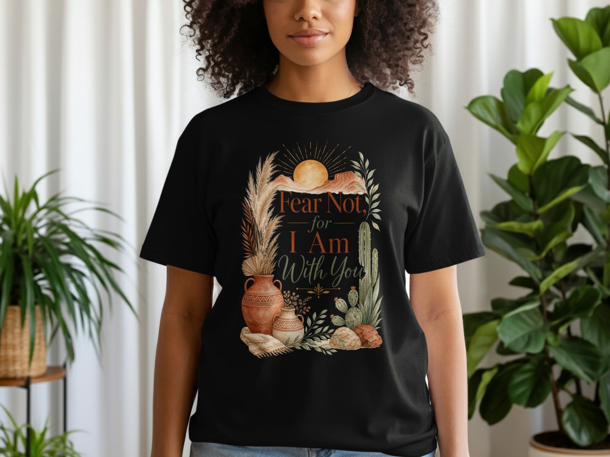 Black t-shirt with desert landscape and "Fear Not, for I Am With You" text design.