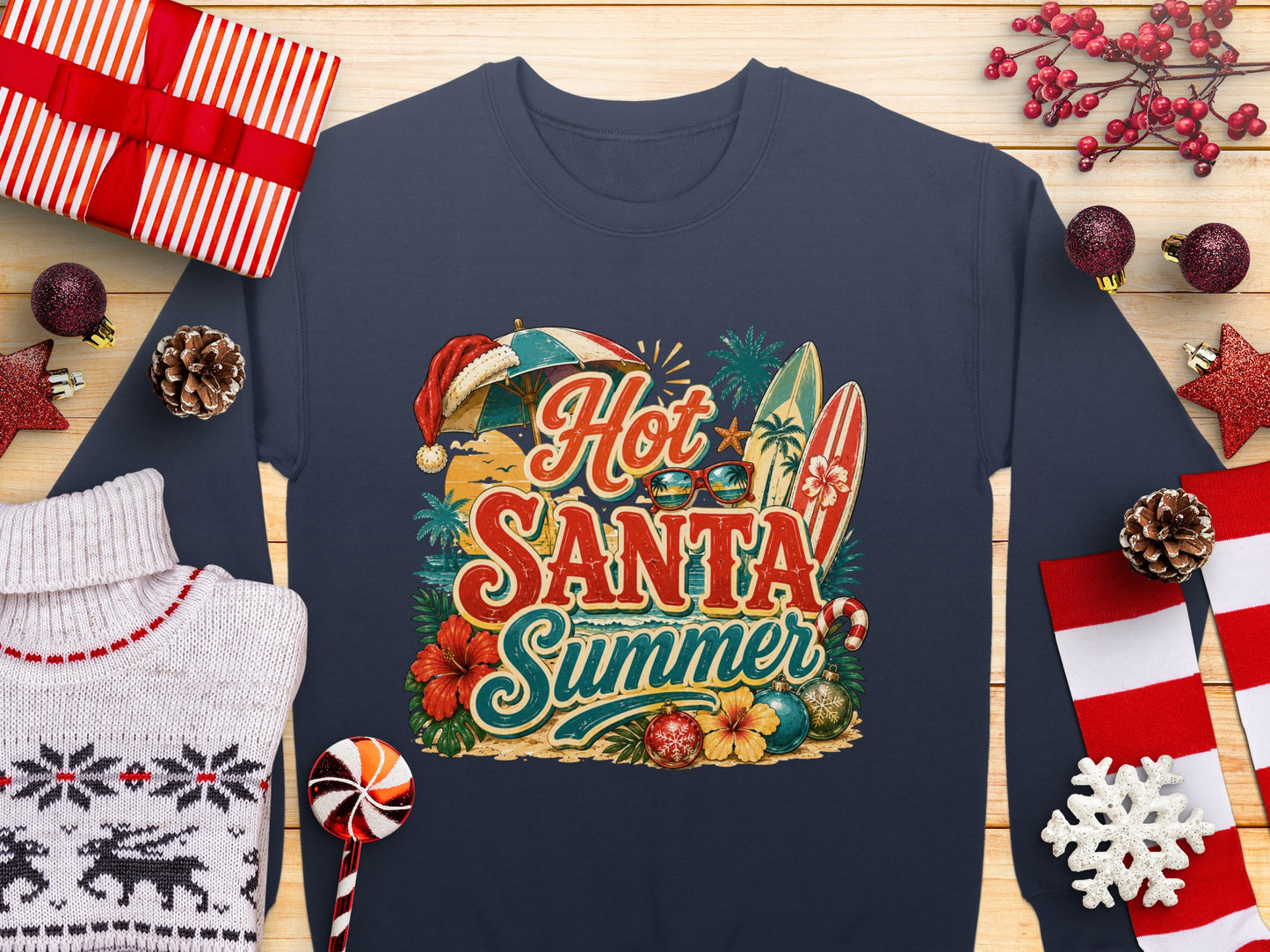 "Hot Santa Summer" graphic sweatshirt with beach and holiday elements.
