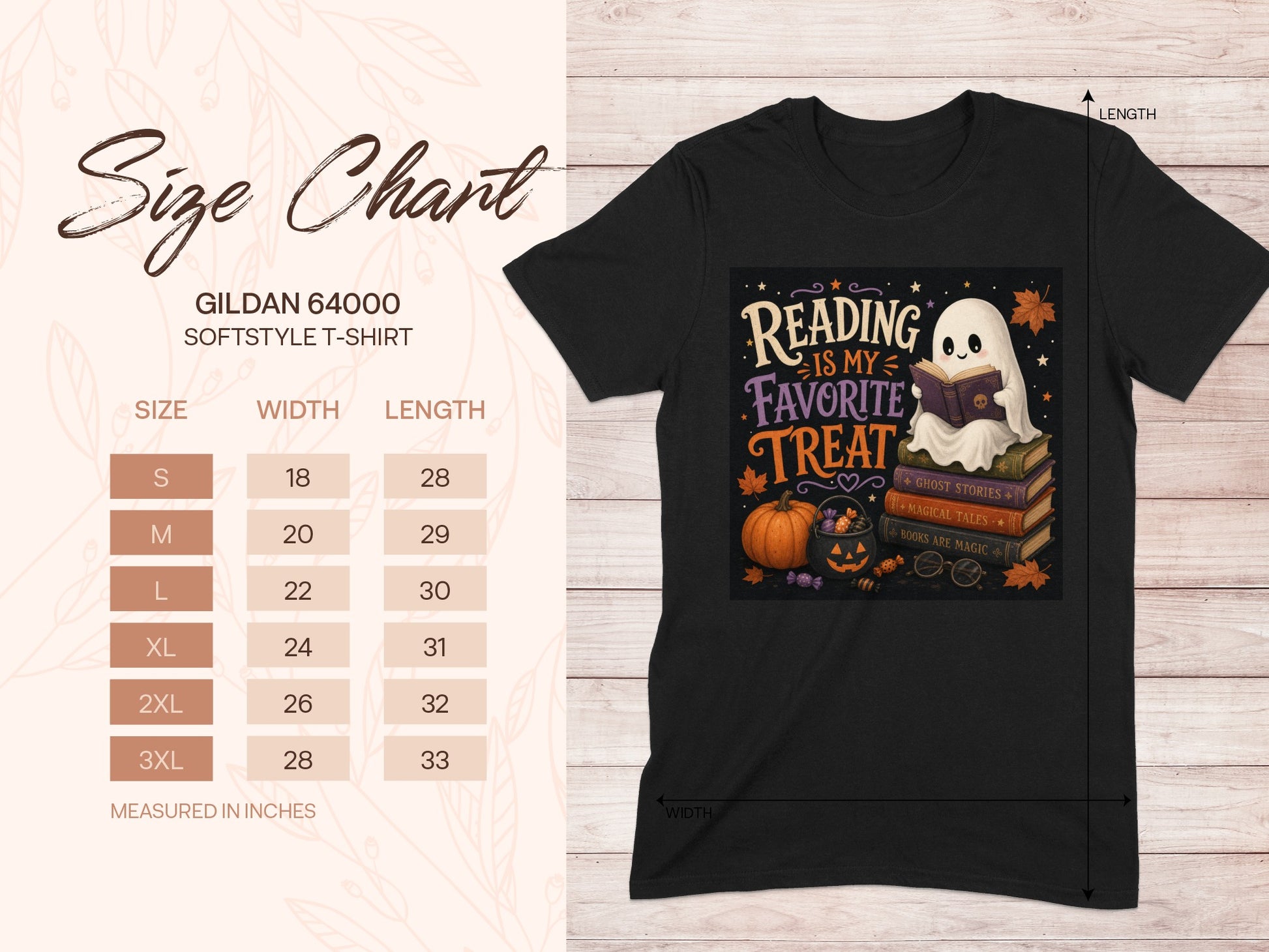 Black Gildan 64000 t-shirt size chart with ghost reading book graphic.