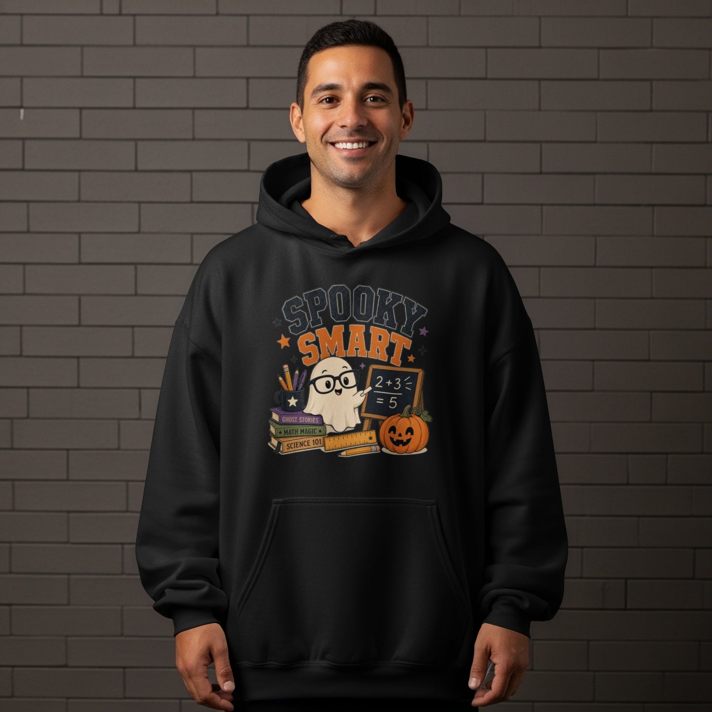 Black hoodie with "Spooky Smart" text and a ghost, books, and pumpkin graphic.