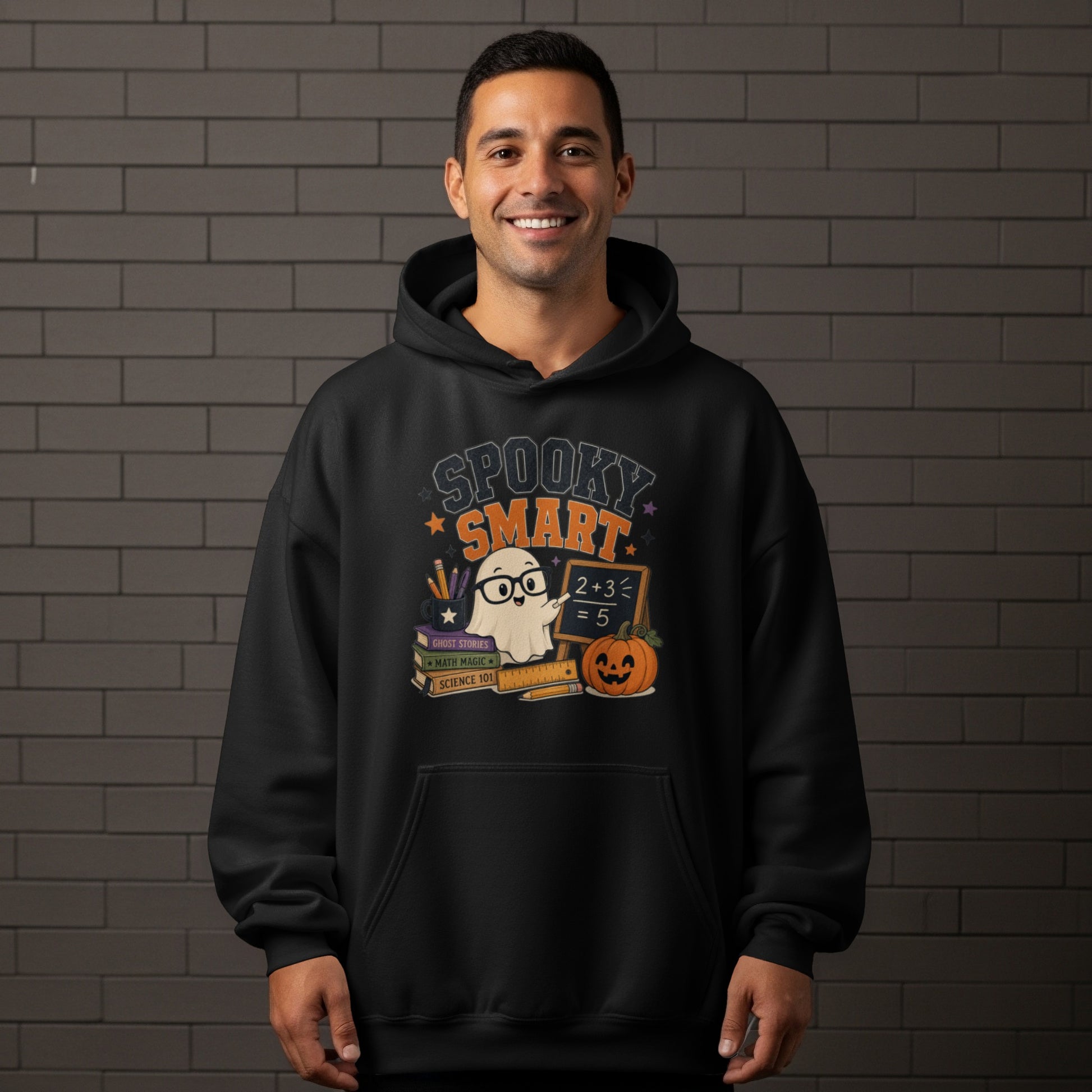 Black hoodie with "Spooky Smart" text and a ghost, books, and pumpkin graphic.