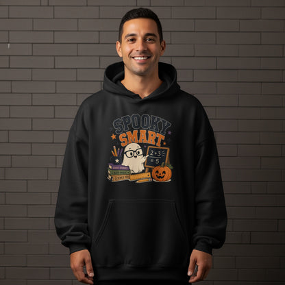 Black hoodie with "Spooky Smart" text and a ghost, books, and pumpkin graphic.