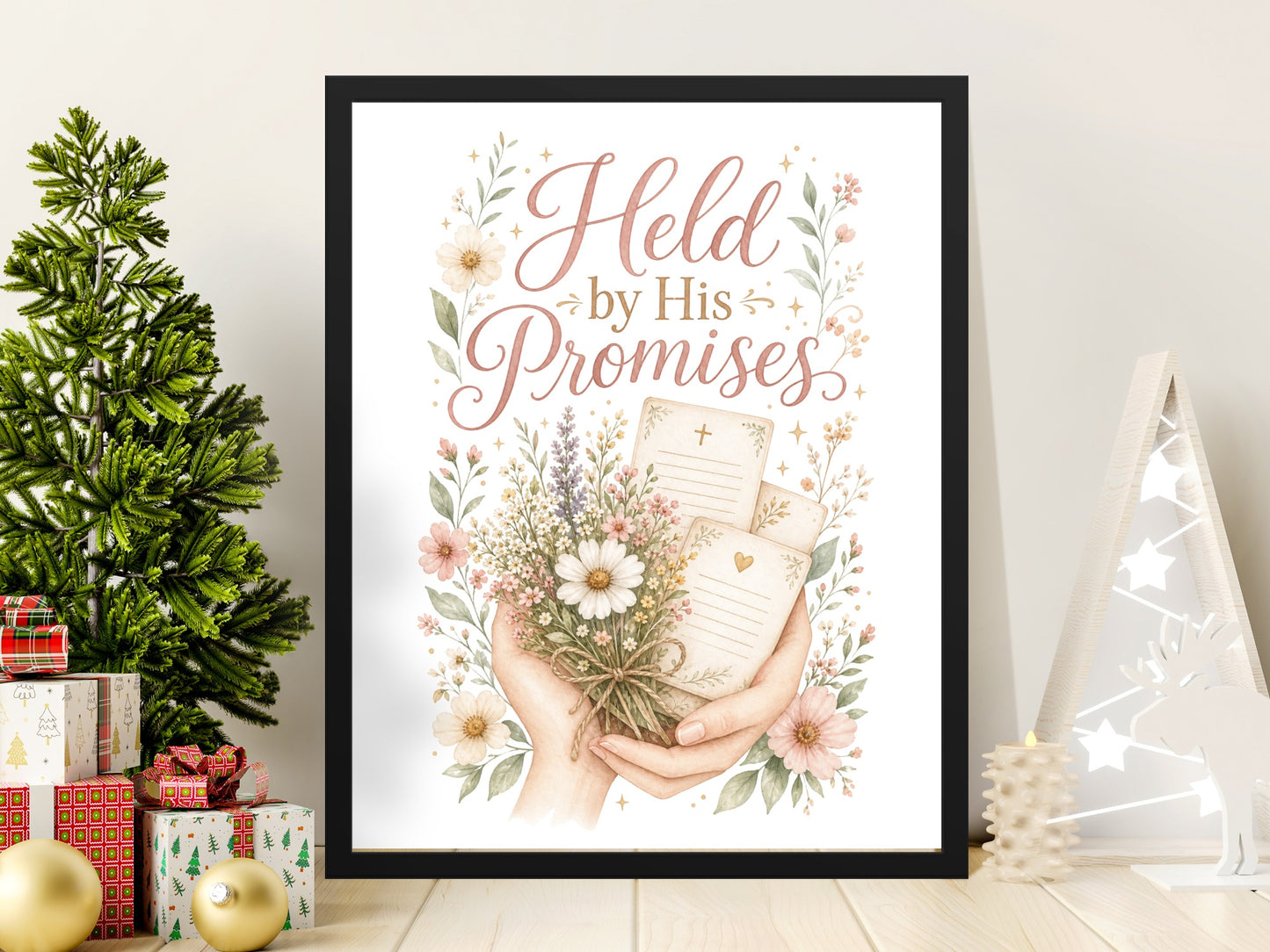Framed art print of hands holding a bouquet of flowers with text "Held by His Promises."