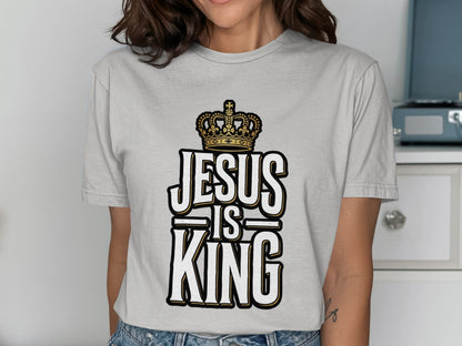 Grey t-shirt with "Jesus is King" text and a crown.