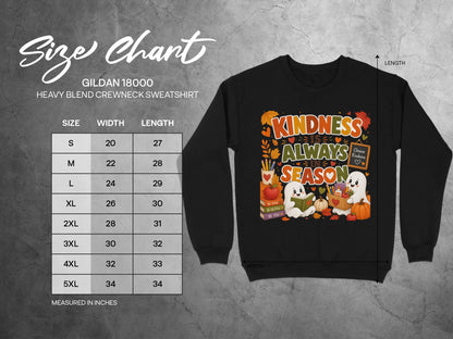 Black sweatshirt with "Kindness is Always in Season" ghost graphic and Gildan 18000 size chart.