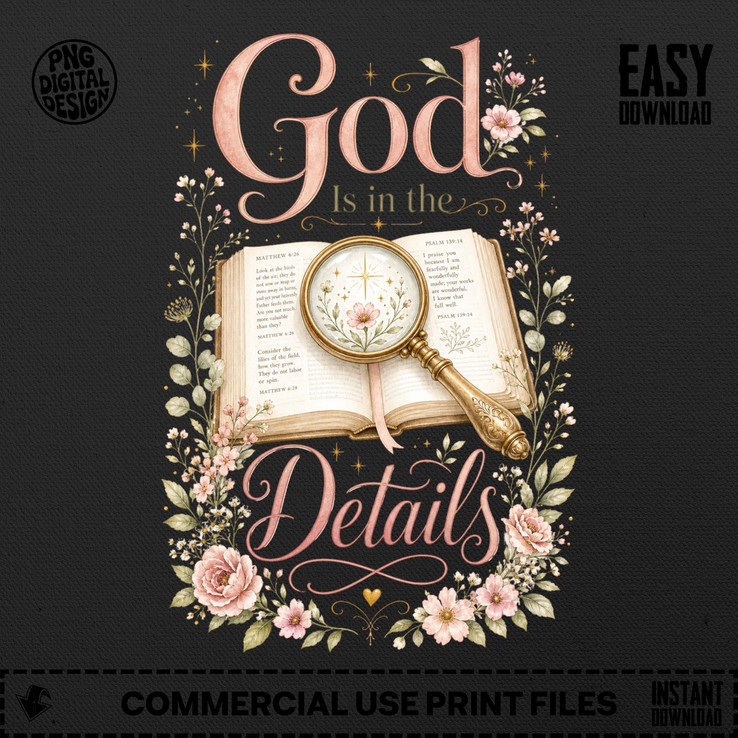 Open book with "God Is in the Details" text and floral accents.