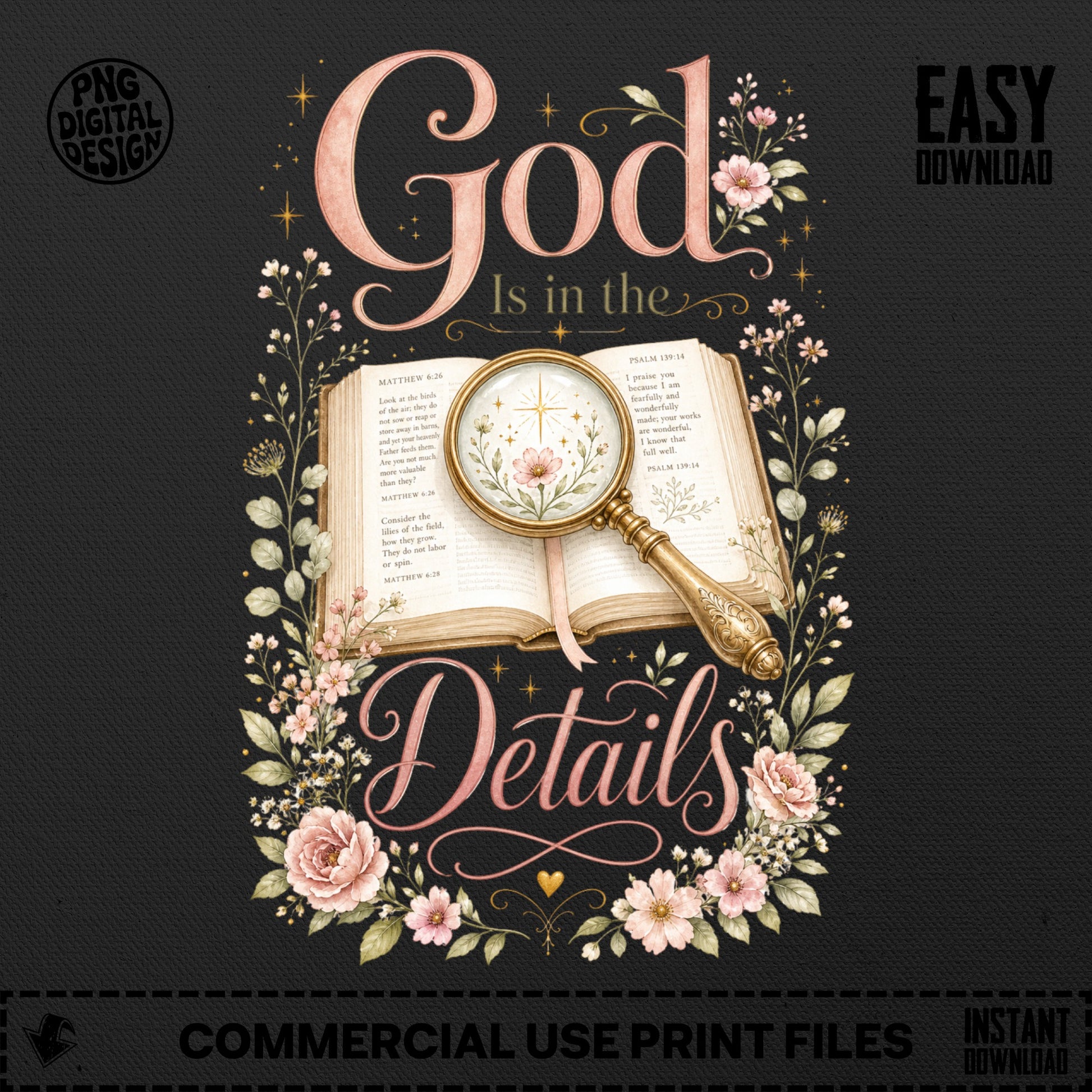 Open book with "God Is in the Details" text and floral accents.