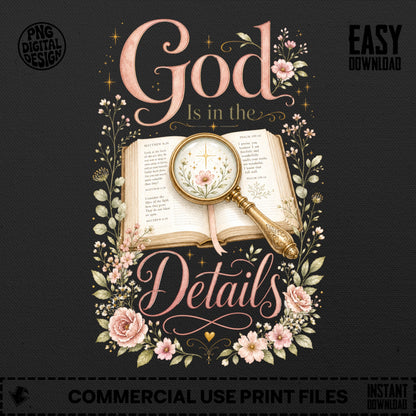 Open book with "God Is in the Details" text and floral accents.