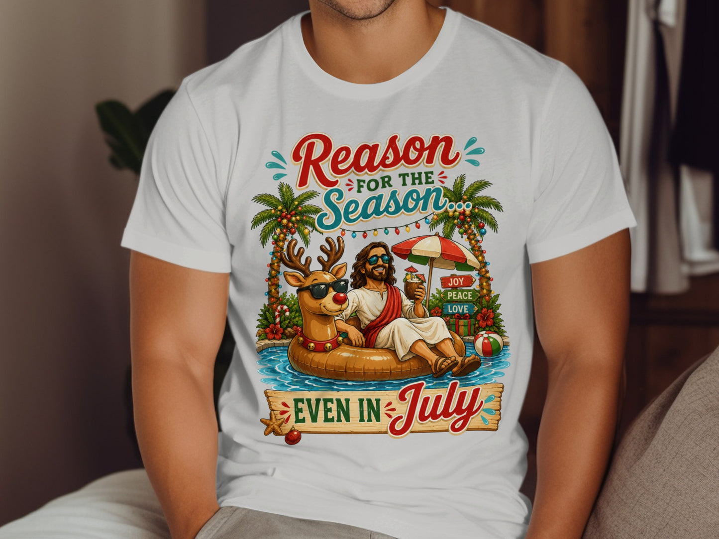Jesus in a float with reindeer, "Reason for the Season Even in July" text.