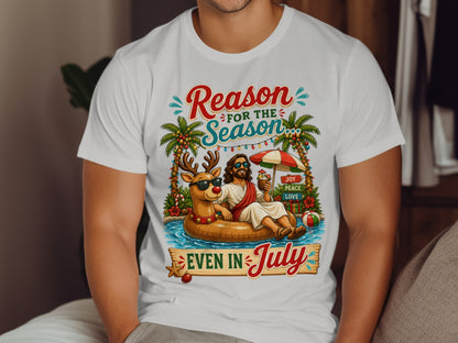 Jesus in a float with reindeer, "Reason for the Season Even in July" text.