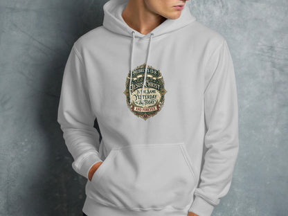 White hoodie with "Jesus Christ is the Same Yesterday, Today and Forever" text.