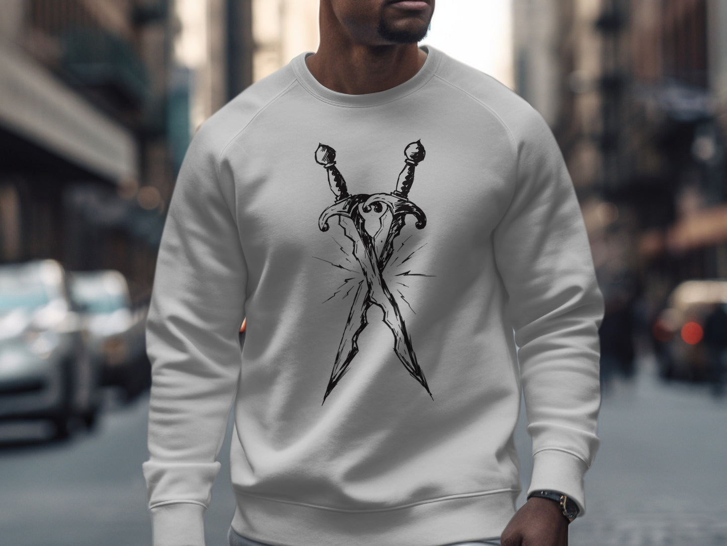White sweatshirt with crossed swords graphic.