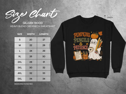 Gildan 18000 sweatshirt size chart with measurements for S to 5XL.