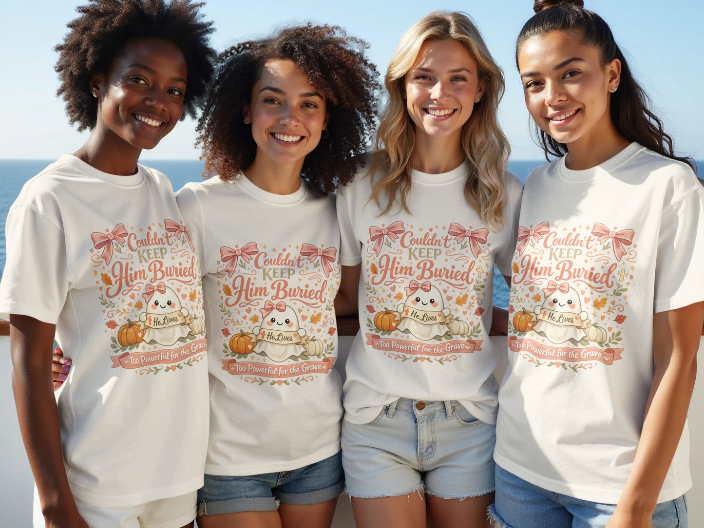 Four women in white t-shirts featuring a "Couldn't Keep Him Buried" Halloween ghost design.