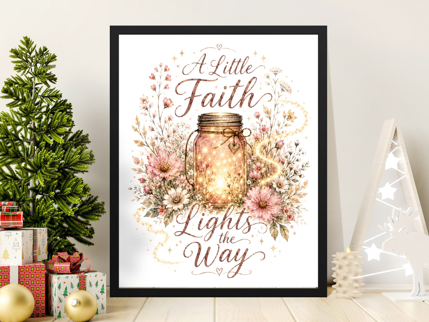 Framed artwork with jar emitting light, floral accents, and text "A Little Faith Lights the Way."