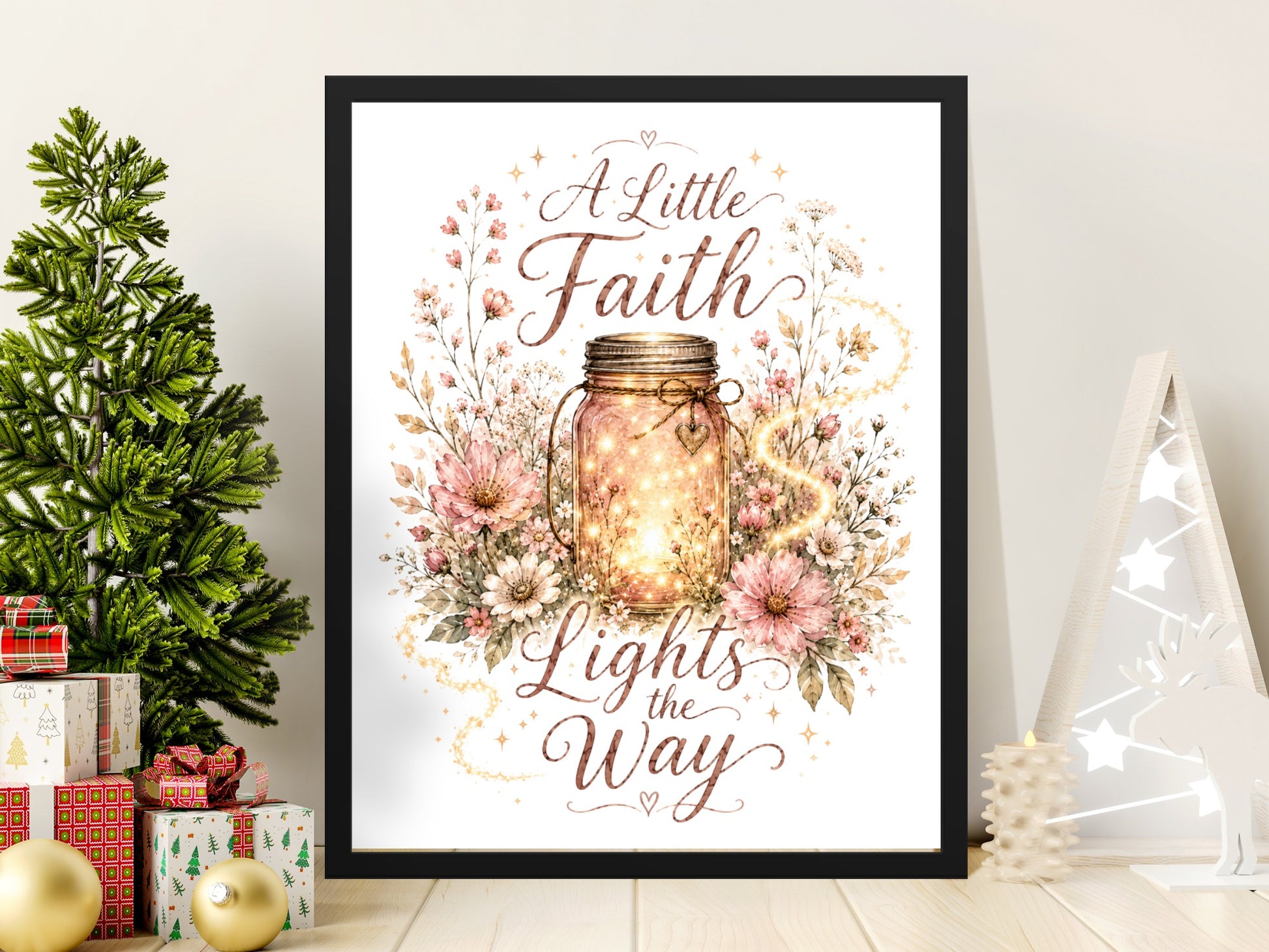 Framed artwork with jar emitting light, floral accents, and text "A Little Faith Lights the Way."