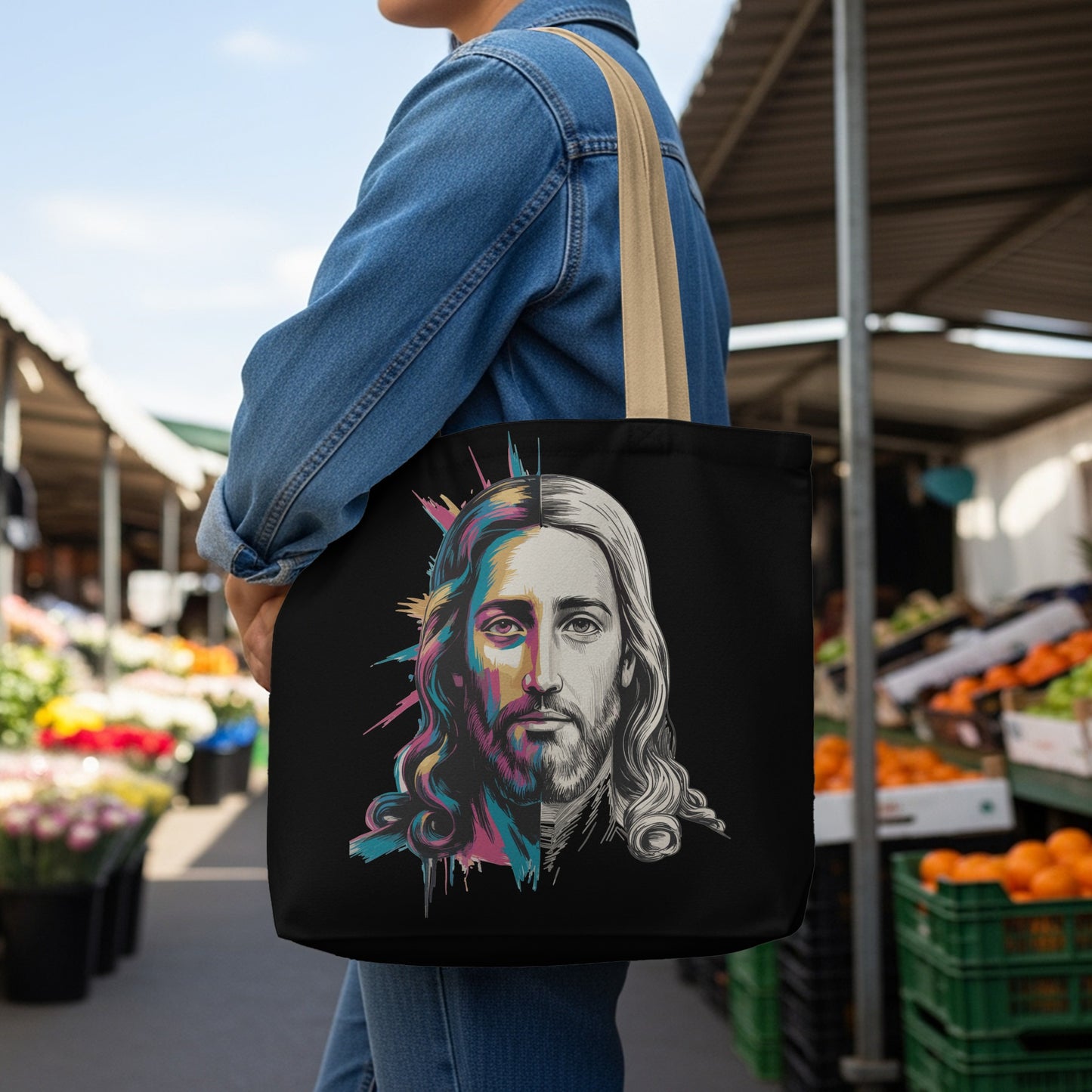 Black tote bag with a split portrait of Jesus, half in vibrant color and half in monochrome sketch.