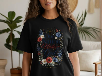 Black t-shirt with "One Nation Under God" text surrounded by patriotic flowers.