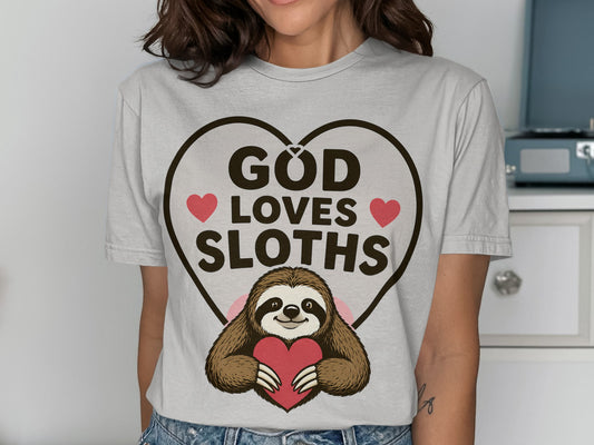 T-shirt with sloth in heart graphic, "God Loves Sloths" text.